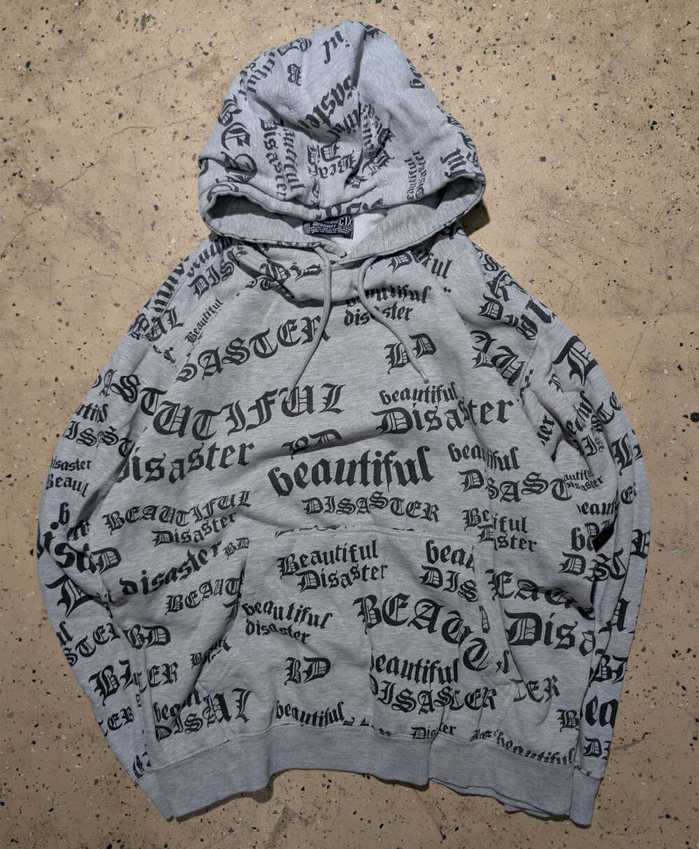 Beautiful Disaster Hoodie Size XL Grey All Over Print Spell Out Gothic